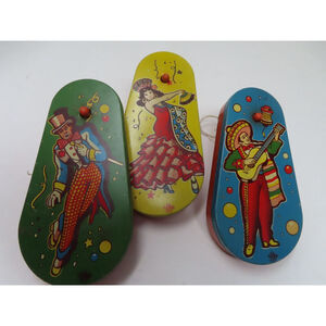 Lot 3 Vtg Tin Litho New Years USA Noise Makers US Metal CRANK Handle Mariachi